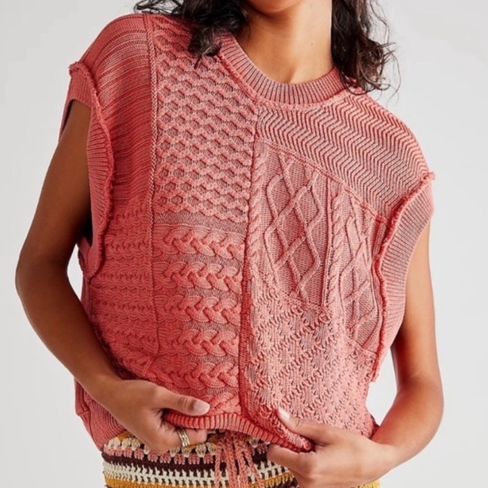 Free People XS Take the Plunge Coral Cable Knit Sweater Top